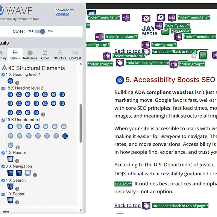 wcag boost seo WAVE report on Jay Media post no errors showing